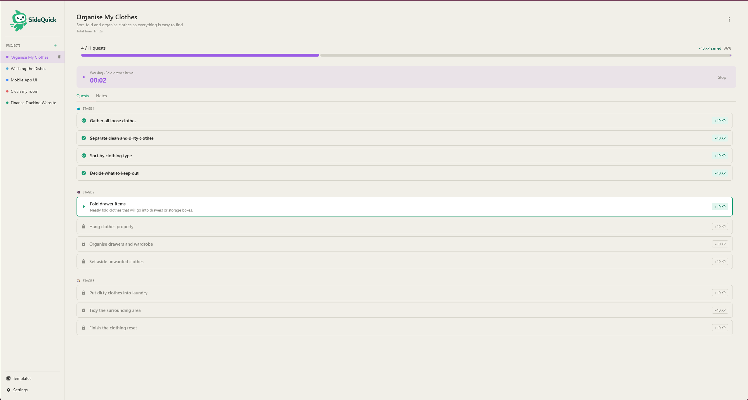 Sidequick project view with quest list, focus timer, and completed count